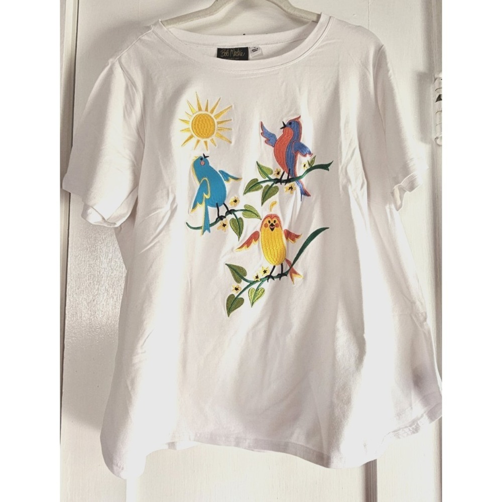 Bob Mackie Wearable Art womens 1X white Singing‎ Birds T shirt cotton stretch